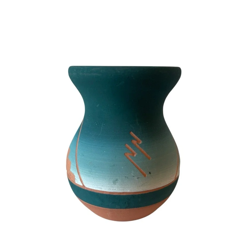 Native American Sioux Lakota Pottery Vase Teal Terracotta Hand Painted Matte